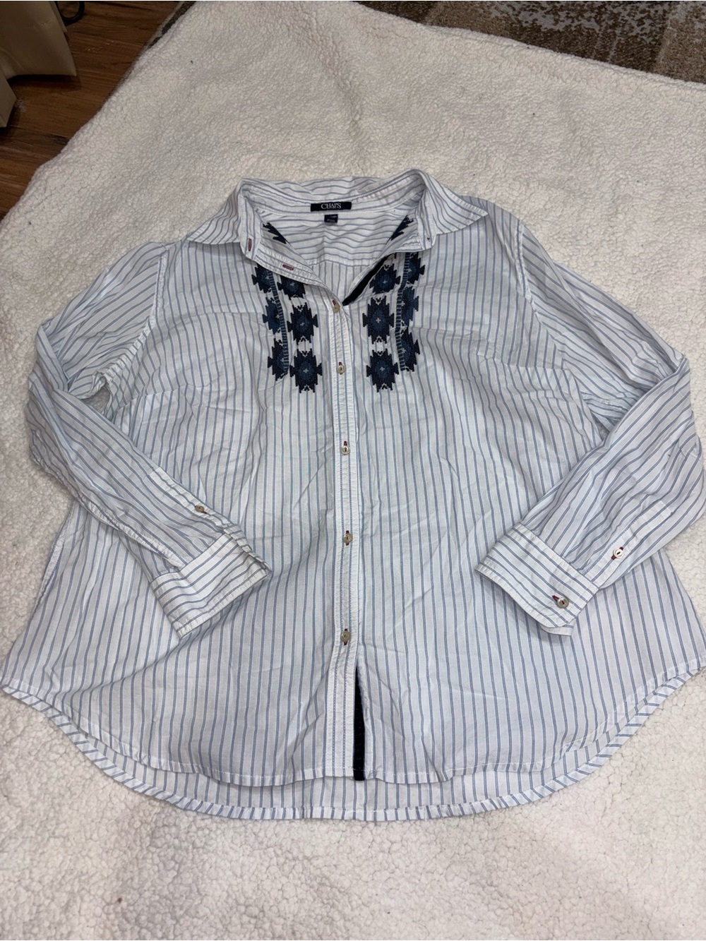 Chaps White Button-Down Shirt with Navy Embroidery 1X